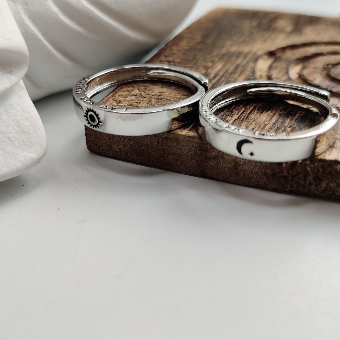 Silver Couple Moon and Sun Promise Adjustable Ring set showcasing elegant design and luxurious silver plating.