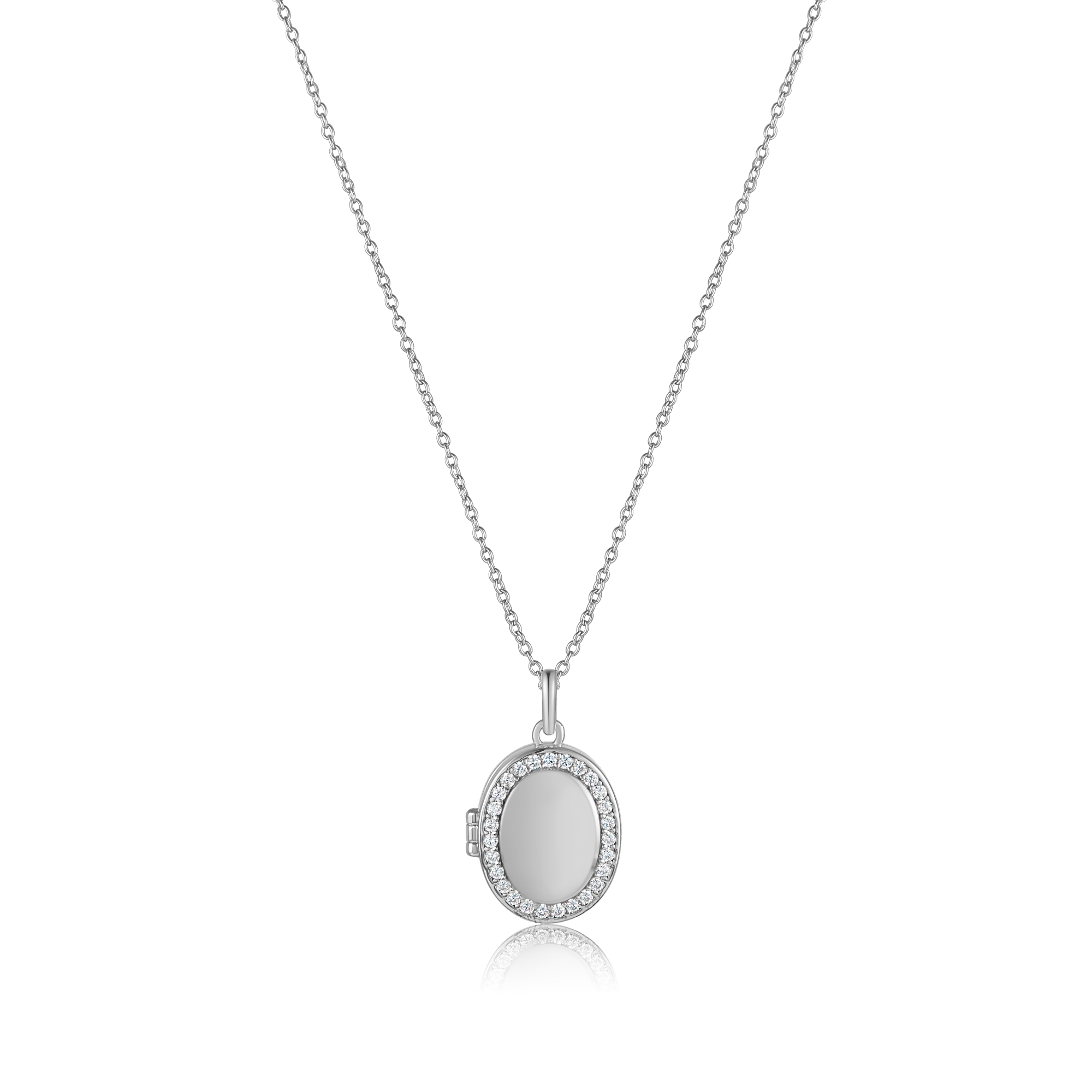 Silver CZ Oval Locket Necklace featuring a sparkling design and adjustable chain, perfect for holding cherished memories.