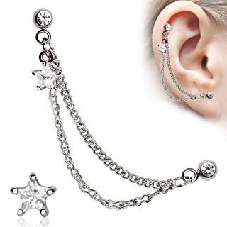 Silver CZ Star Cartilage Earring featuring double chains and a star-shaped gem, crafted from 316L surgical steel.