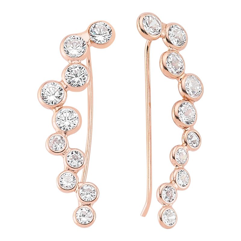 A pair of Silver Diamond Bubble Ear Cuffs & Climber Earrings featuring clear CZ crystals and available in multiple finishes.