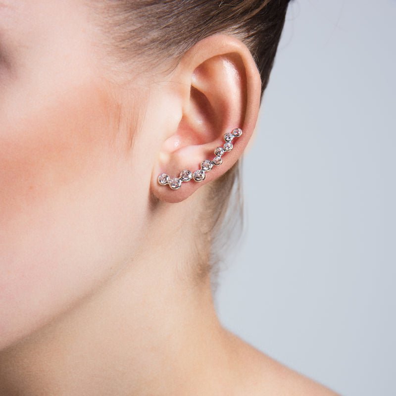 A pair of Silver Diamond Bubble Ear Cuffs & Climber Earrings featuring clear CZ crystals and available in multiple finishes.