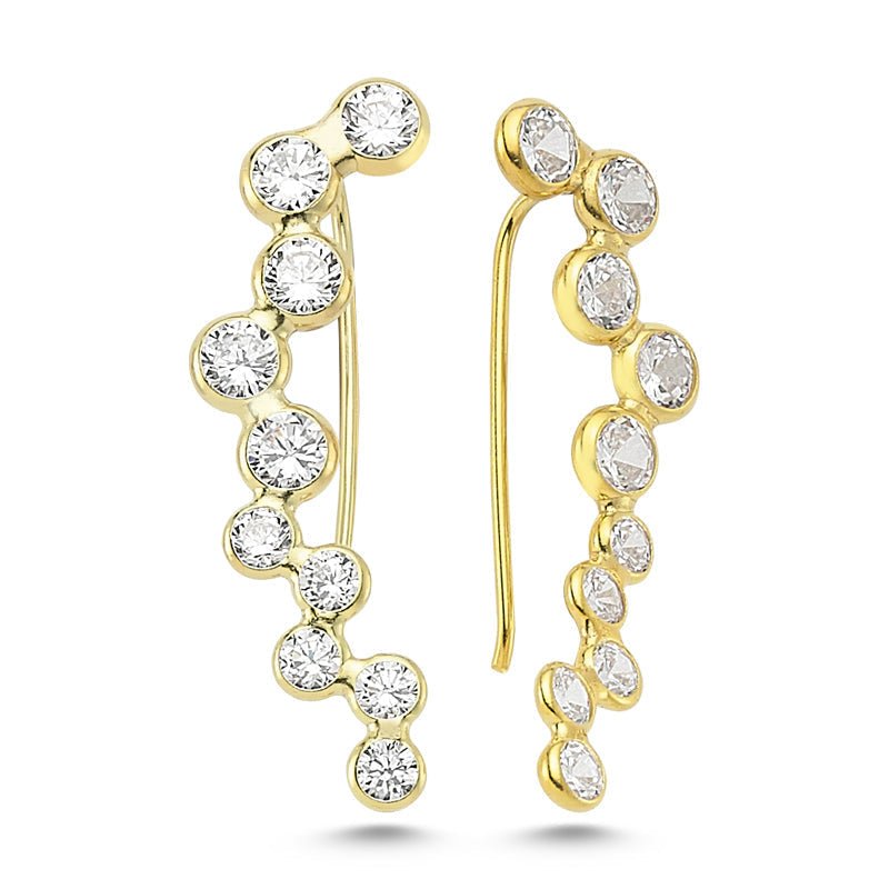 A pair of Silver Diamond Bubble Ear Cuffs & Climber Earrings featuring clear CZ crystals and available in multiple finishes.