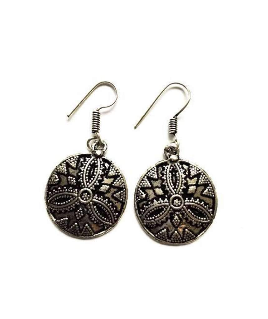 A pair of stunning silver ethnic earrings featuring intricate designs, perfect for festivals and everyday wear, made from hypoallergenic materials.