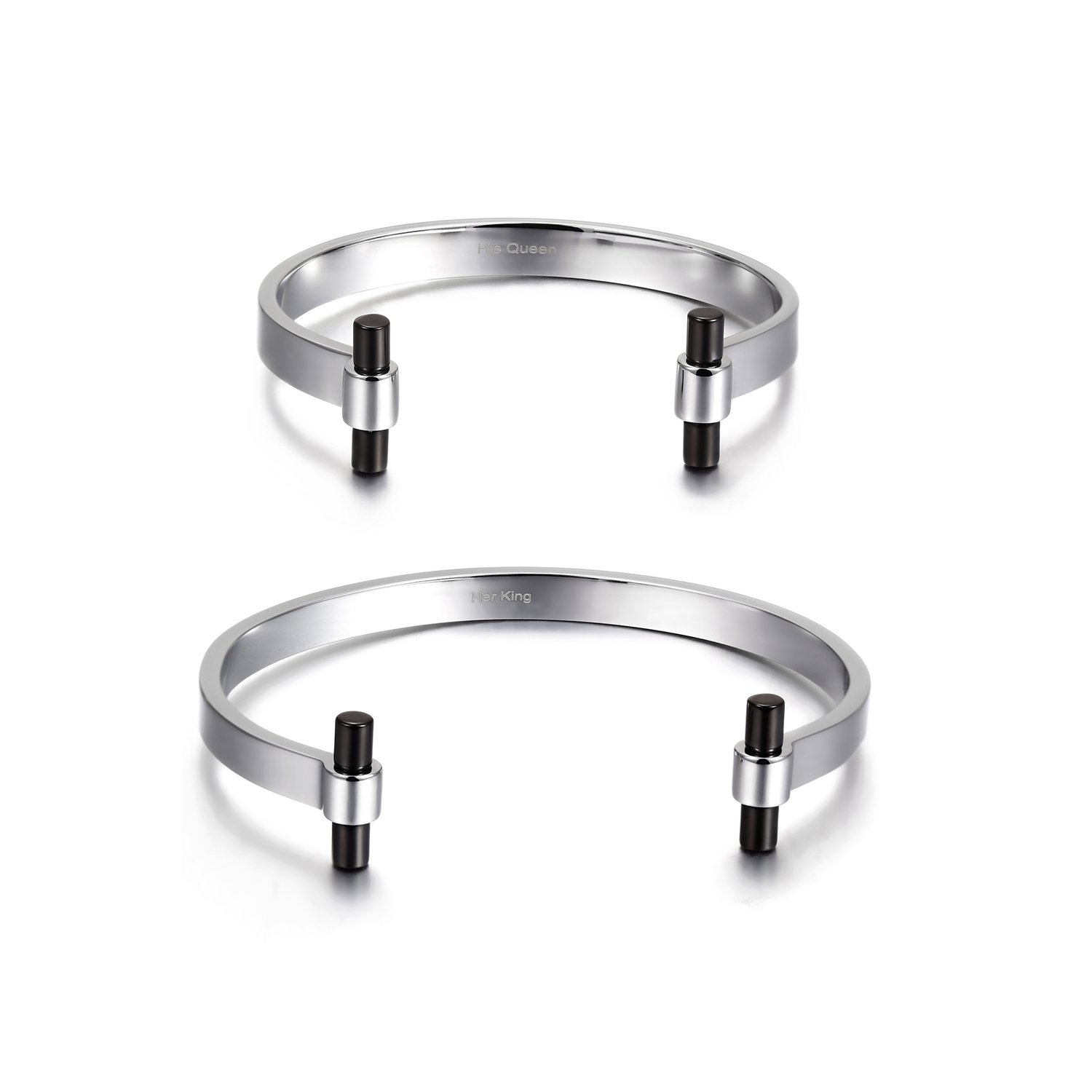 A pair of elegant Silver Love Couple Cuffs made from surgical stainless steel with 14K gold PVD plating, showcasing a modern design.