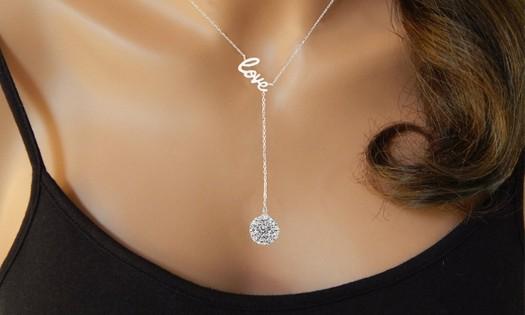 Elegant Silver Love Y Necklace featuring Austrian Elements crystals, white gold plated with a 2.5-inch drop.