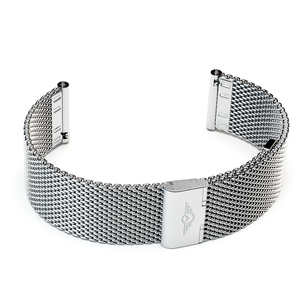 A sleek silver mesh strap made of 316L stainless steel, showcasing its flexible design and premium quality.