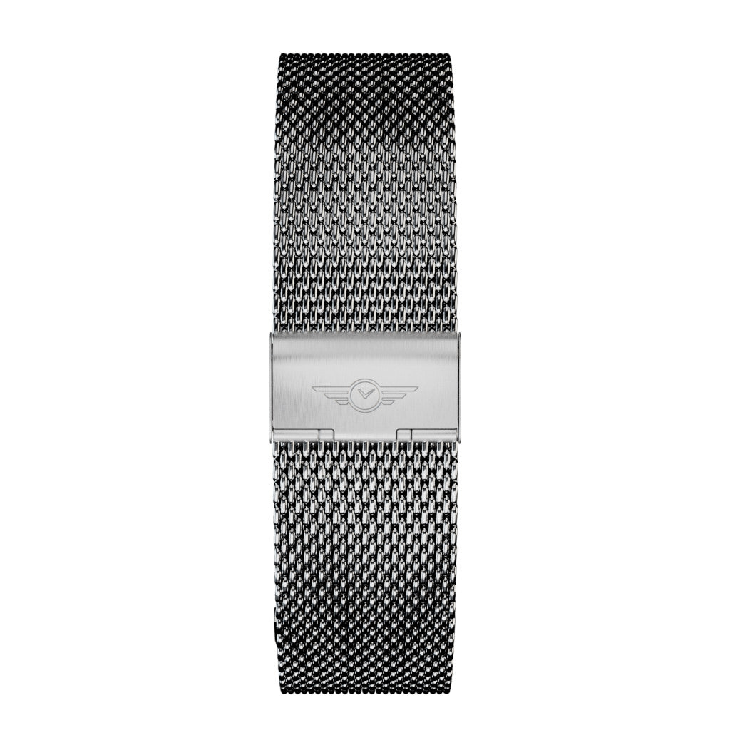 A sleek silver mesh strap made of 316L stainless steel, showcasing its flexible design and premium quality.