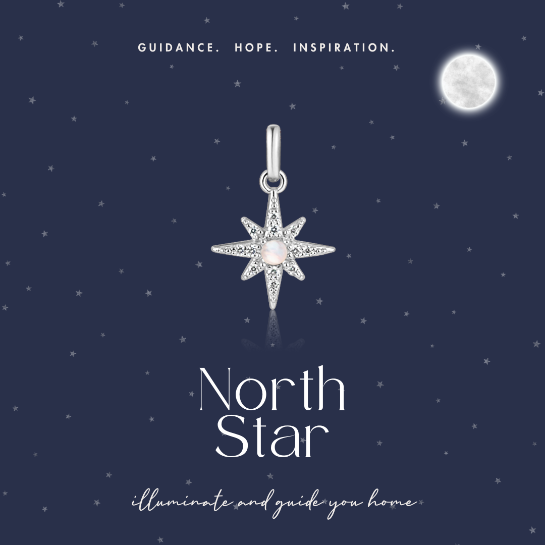 A beautiful Silver North Star Necklace featuring a 15mm pendant on an adjustable chain, symbolizing hope and guidance.