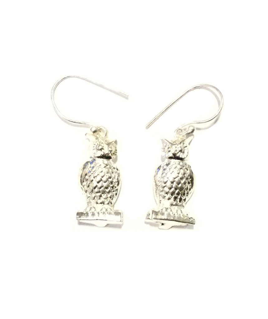 A pair of stunning silver owl earrings featuring intricate detailing, perfect for festivals and everyday wear.