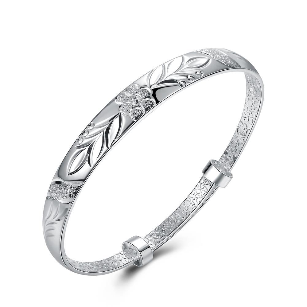 Silver plated adjustable bangle featuring a botanical gardens floral design, suitable for all wrist sizes.