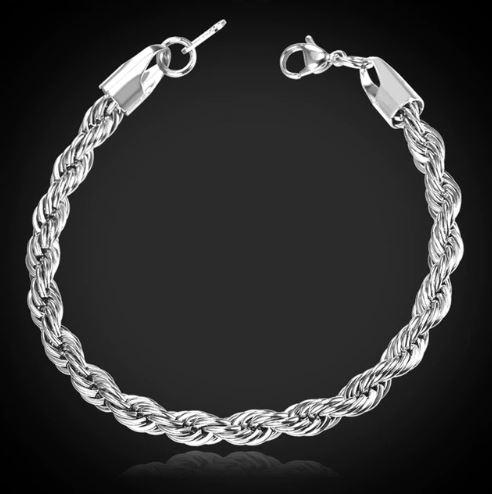 A stylish silver plated solid brass rope bracelet, showcasing intricate craftsmanship and a classic design, perfect for any occasion.