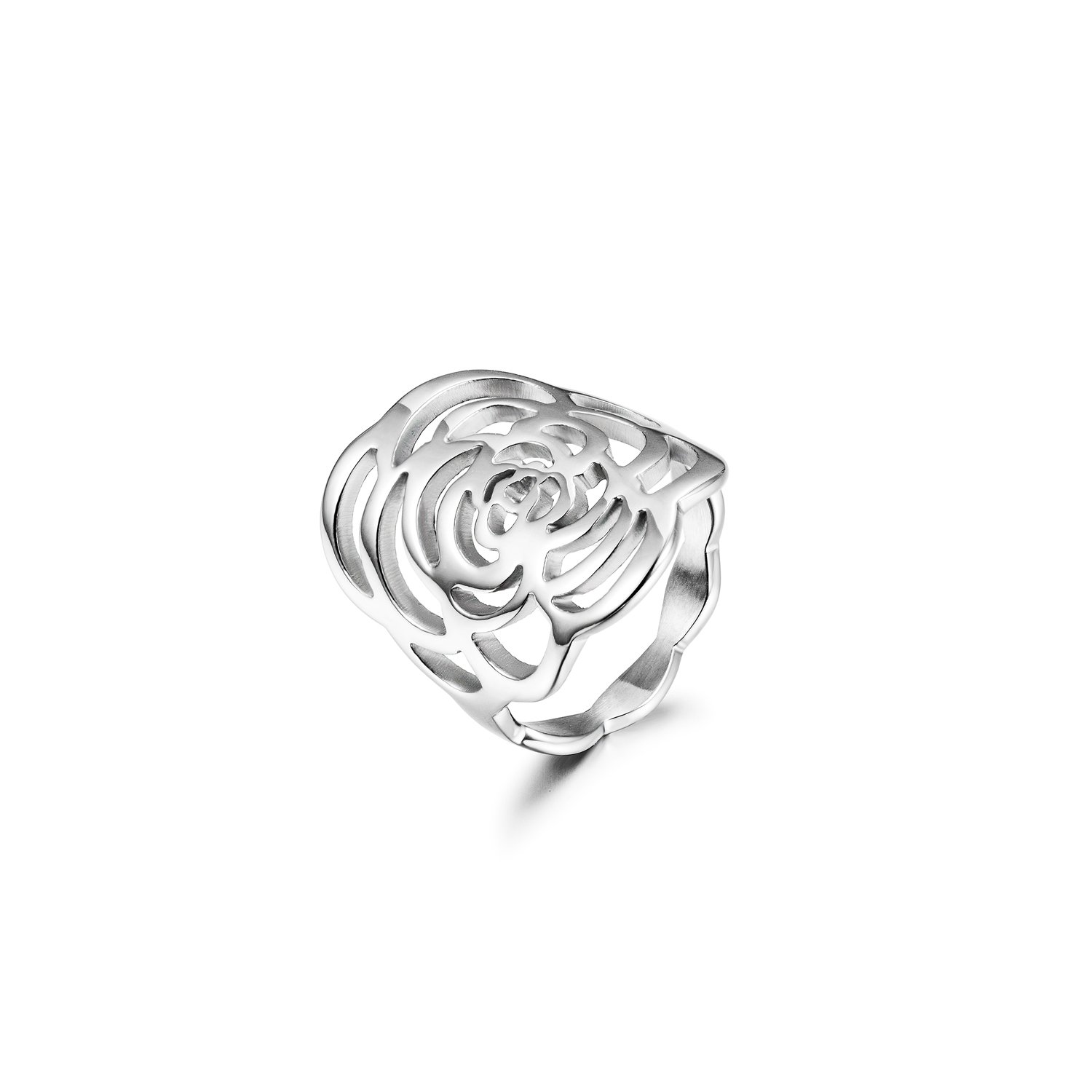 A stunning silver rose ring featuring intricate openwork design, perfect for elegant occasions and everyday wear.