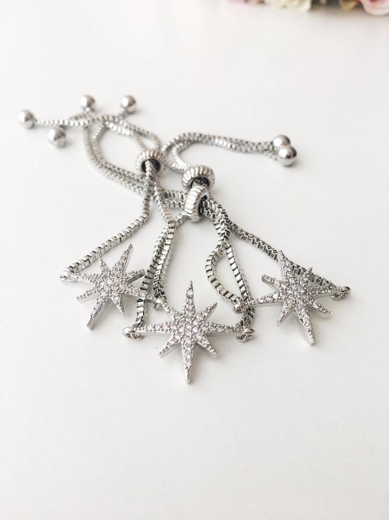 Adjustable Silver Star Bracelet featuring a sparkling zircon star charm, handmade with tarnish-resistant stainless steel.