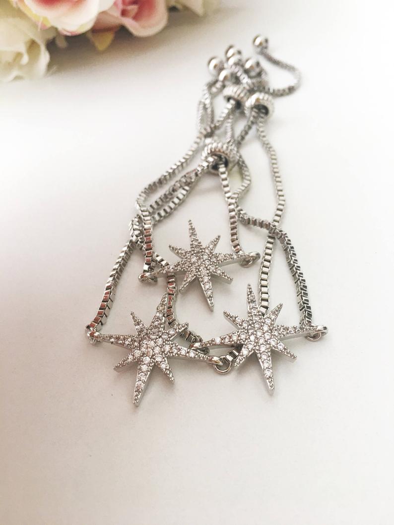 Adjustable Silver Star Bracelet featuring a sparkling zircon star charm, handmade with tarnish-resistant stainless steel.