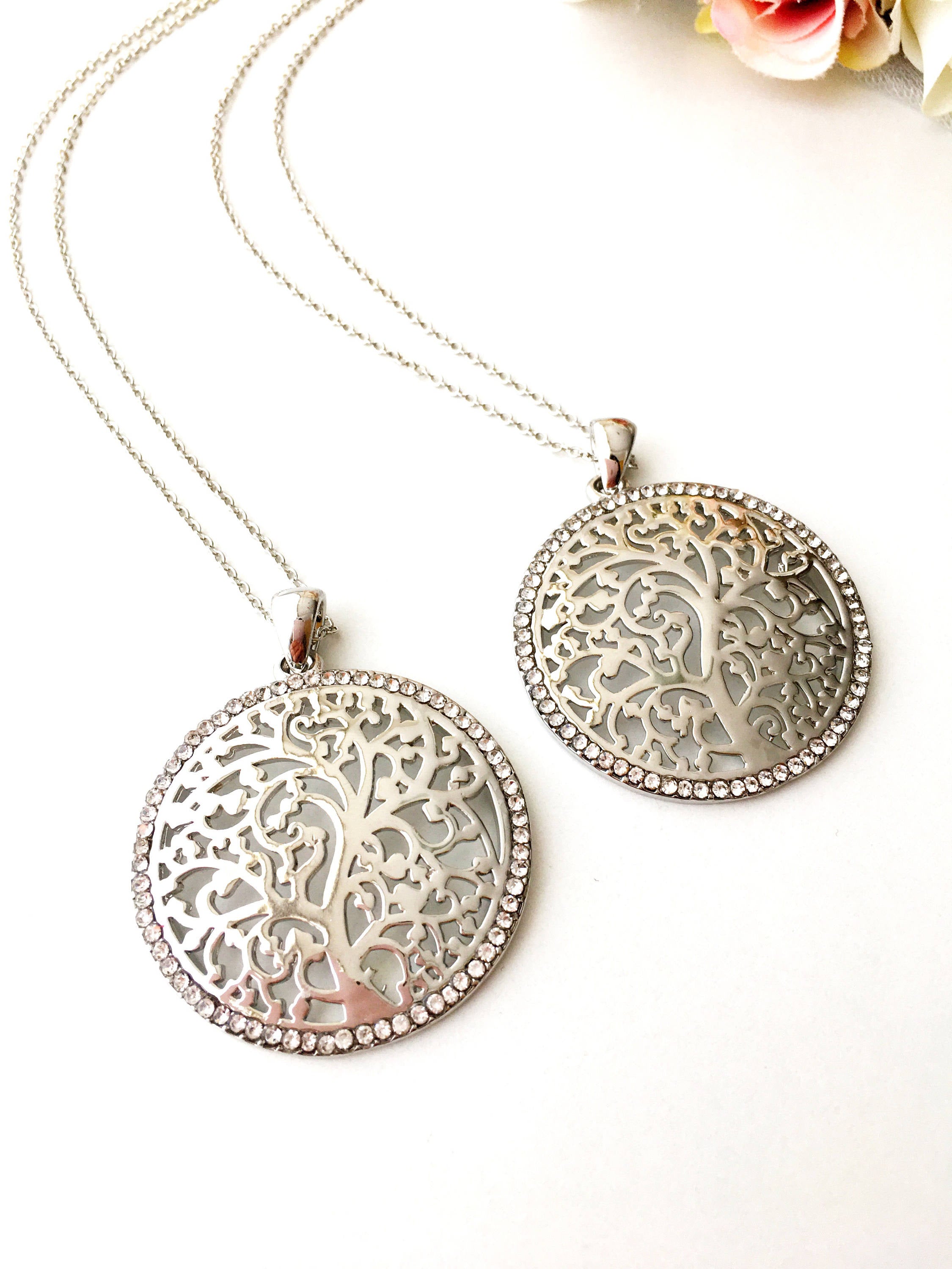 Silver Tree of Life Necklace featuring a detailed charm on a long stainless steel chain, symbolizing family and connection.