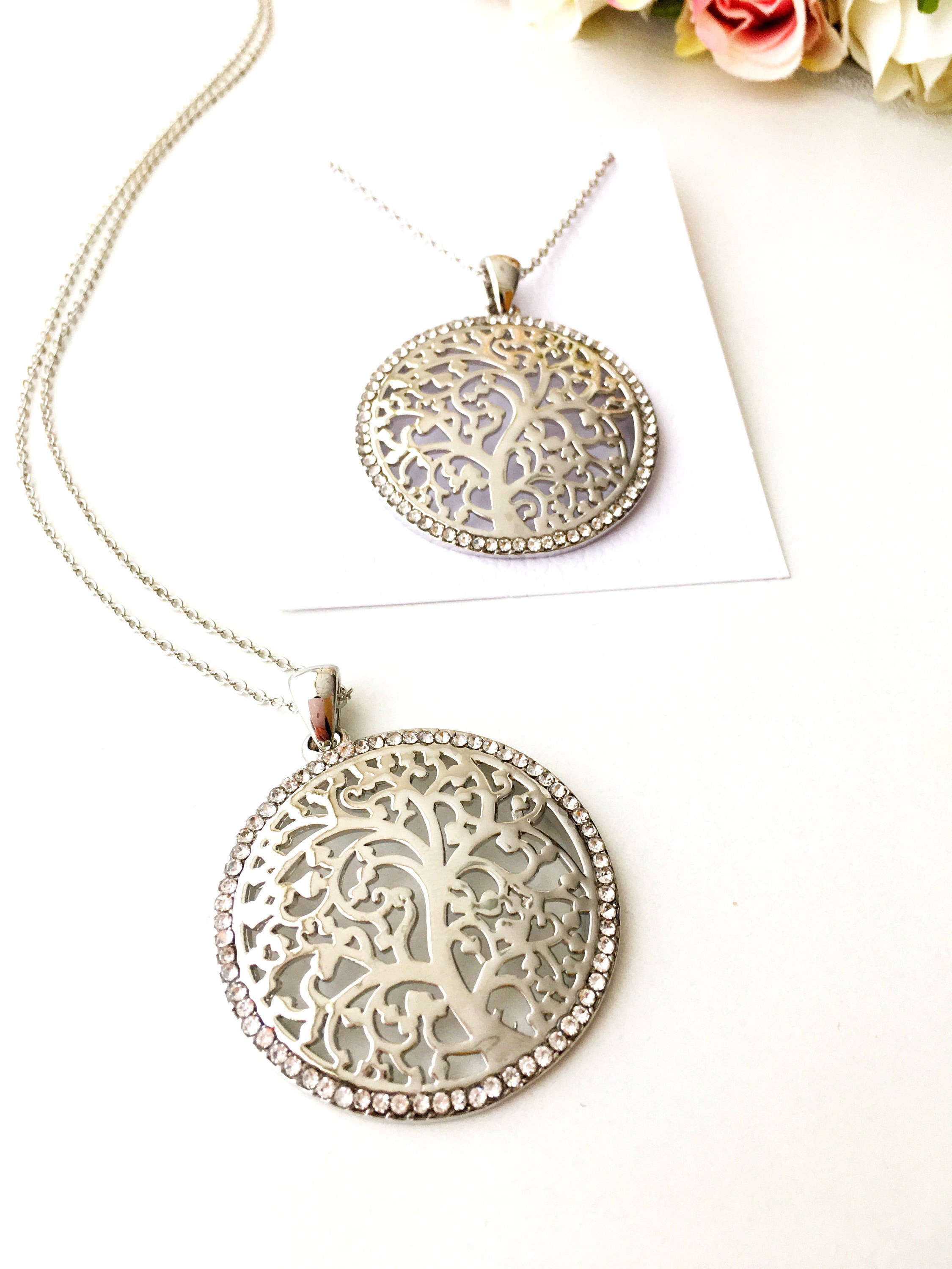 Silver Tree of Life Necklace featuring a detailed charm on a long stainless steel chain, symbolizing family and connection.