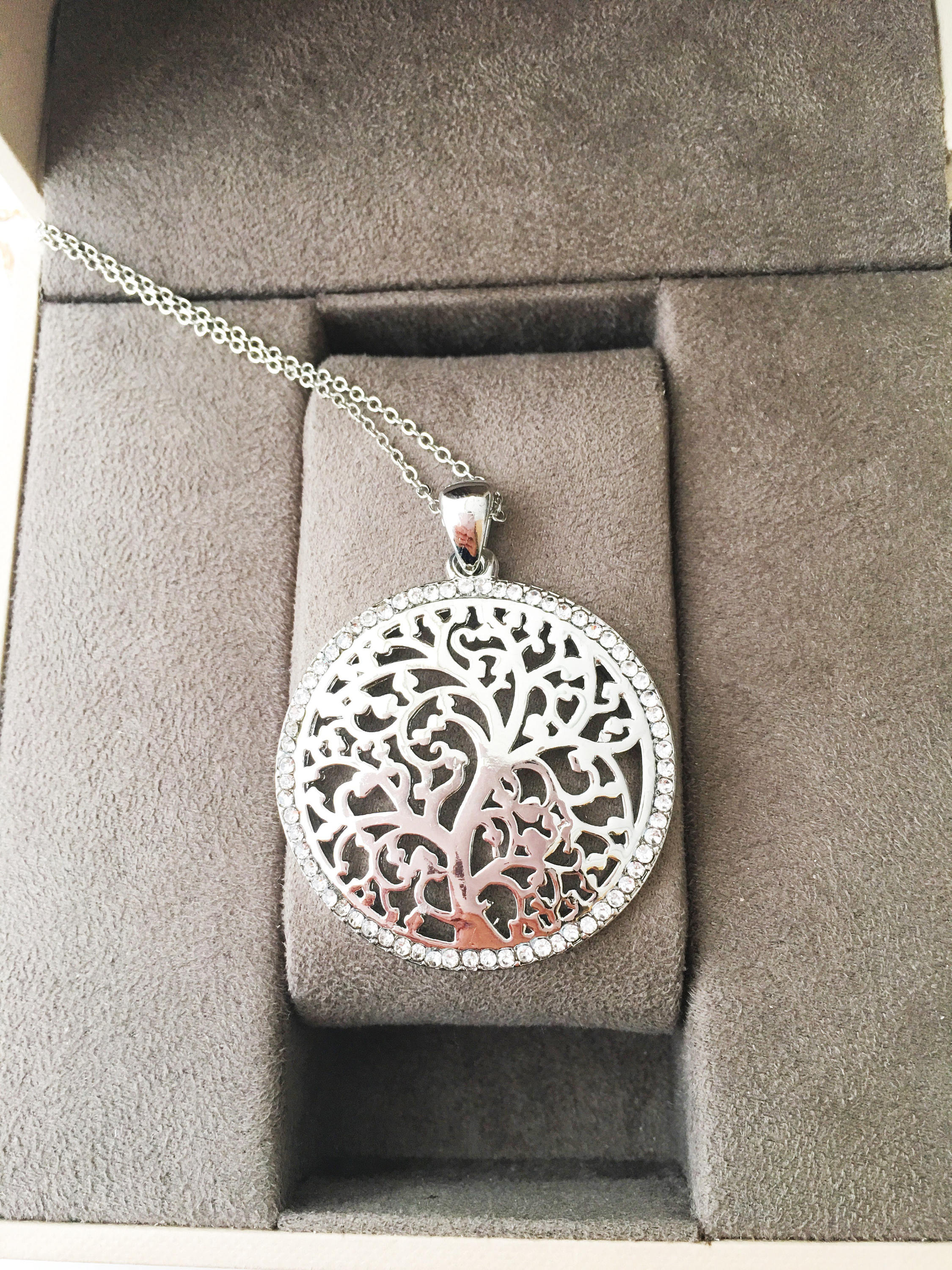 Silver Tree of Life Necklace featuring a detailed charm on a long stainless steel chain, symbolizing family and connection.