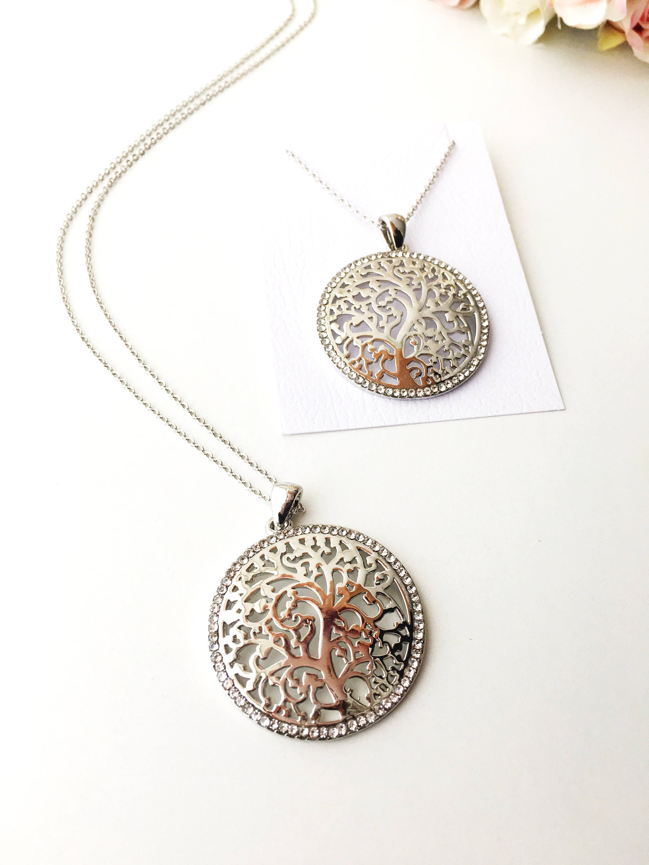 Silver Tree of Life Necklace featuring a detailed charm on a long stainless steel chain, symbolizing family and connection.