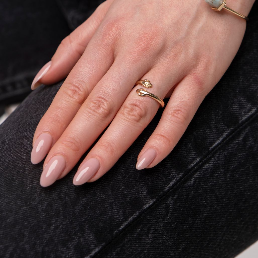 Couple Stackable Love Ring in silver and gold, featuring love hugging hands design, adjustable size for any finger.