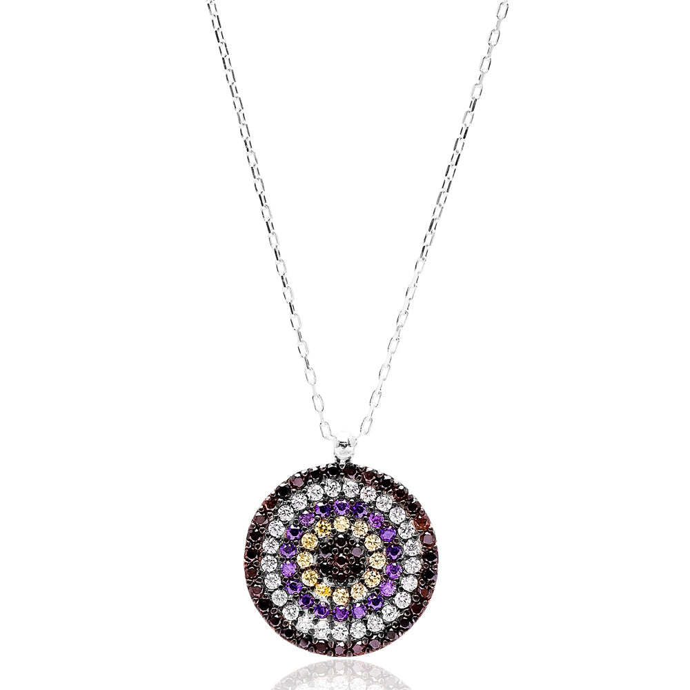 SIMA Necklace featuring vibrant cubic zirconias on a delicate 925 sterling silver chain, showcasing a medallion drop pendant.