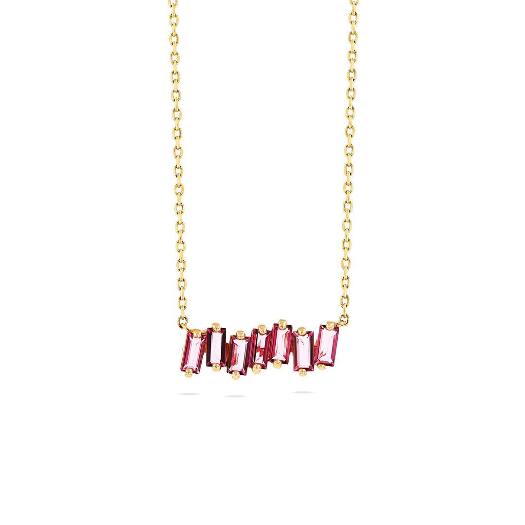 A simple and fashionable baguette necklace made of 925 sterling silver with an 18K rose gold finish and a created ruby centerpiece.