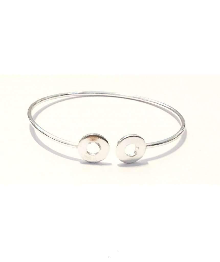 Simple Geometric Bracelet featuring a circle and square design, handmade in brass with silver plating, adjustable for all wrist sizes.