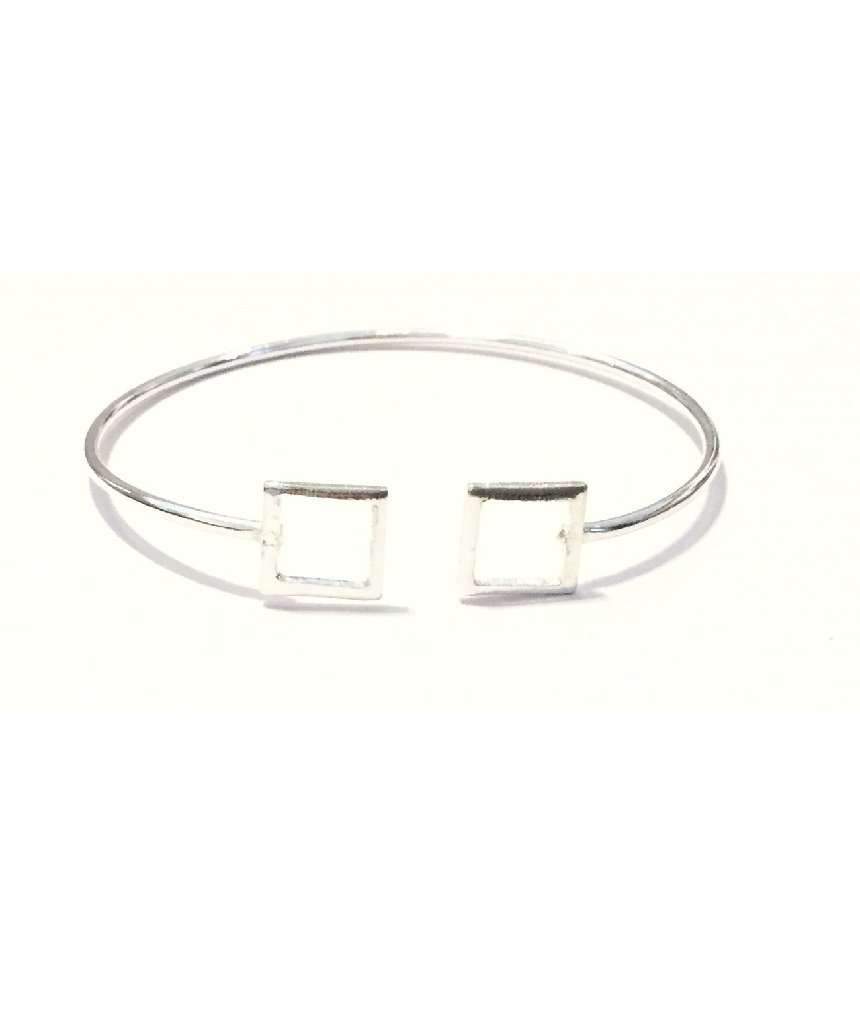 Simple Geometric Bracelet featuring a circle and square design, handmade in brass with silver plating, adjustable for all wrist sizes.