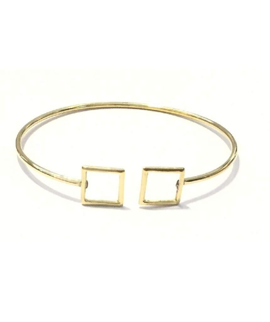 Simple Geometric Bracelet featuring a circle and square design, handmade in brass with silver plating, adjustable for all wrist sizes.