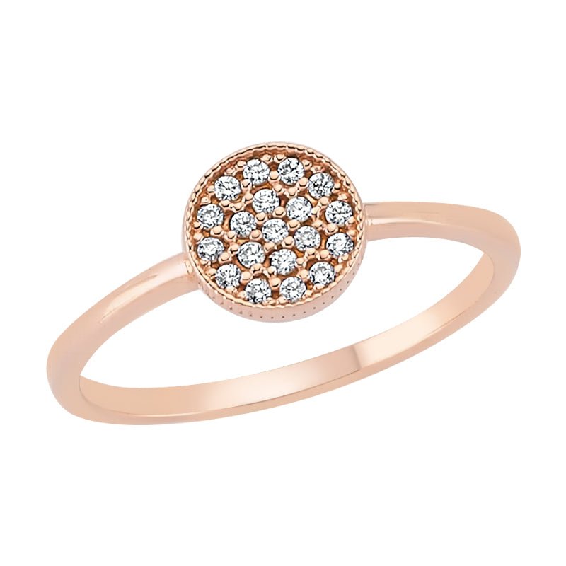 A handmade 925 sterling silver round circle fashion ring with white CZ crystals and 18k rose gold plating, showcasing elegance and simplicity.