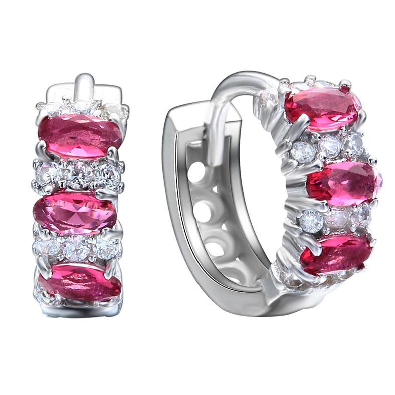 Elegant Simulated Gemstone Multi Gem Earrings in 18K White Gold, featuring Emerald, Sapphire, and Pink Sapphire options.