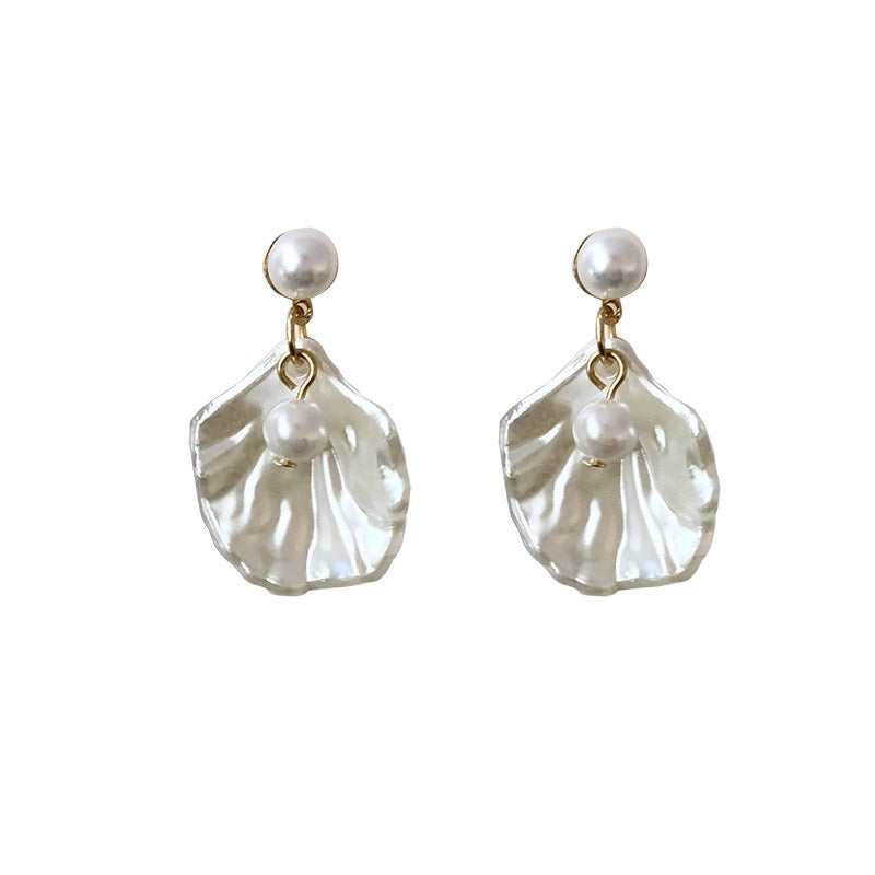 A pair of elegant short earrings featuring a unique shell design adorned with artificial pearls, made from alloy and S925 material.