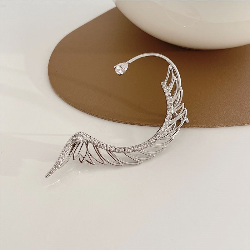 Single Shining Feathers Ear Stud and Ear-Hook featuring alloy and rhinestones, showcasing an elegant feather design.