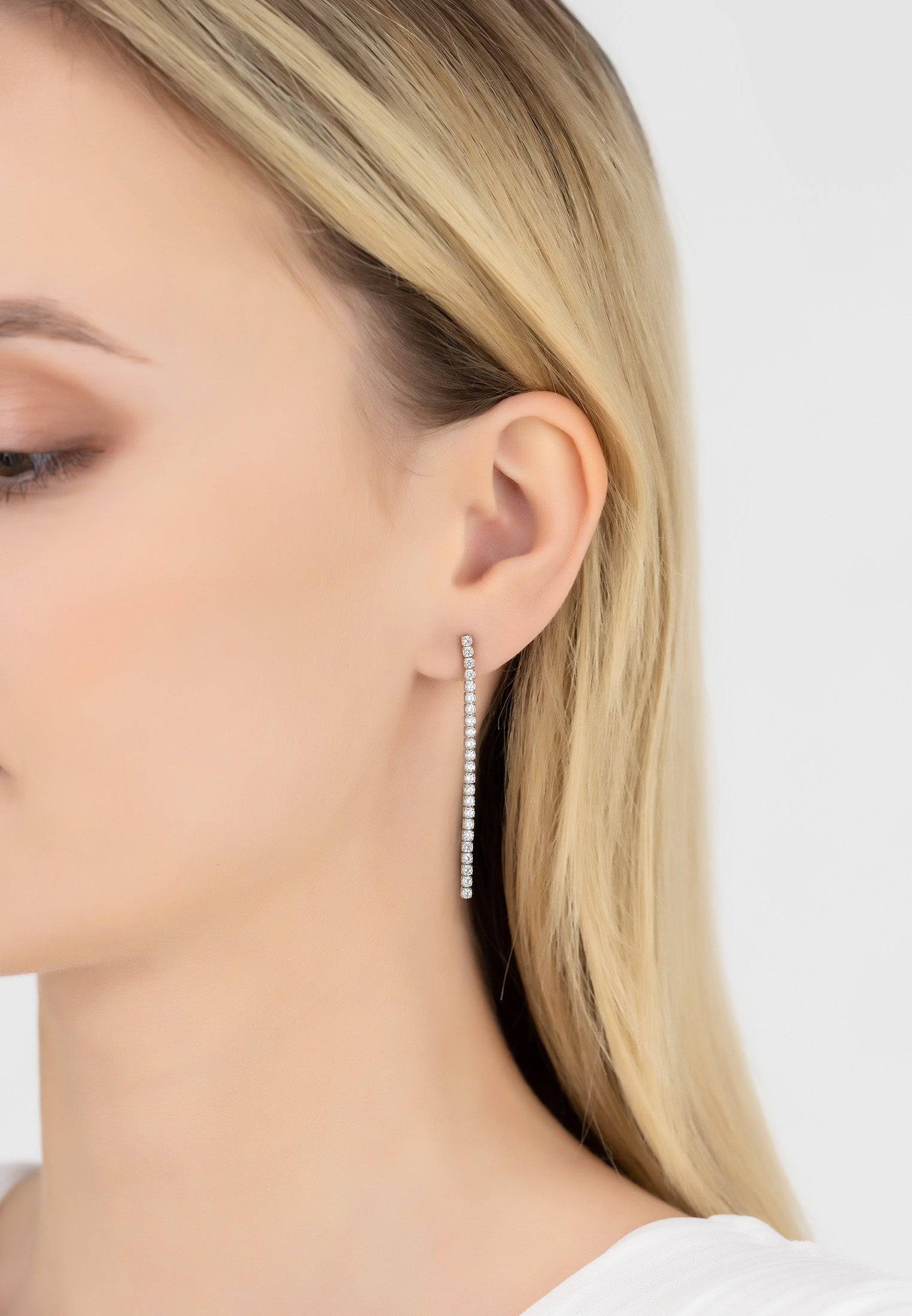 Elegant Single Strip Drop CZ Earrings in Silver, featuring sparkling micro pave zircons and a sleek design.