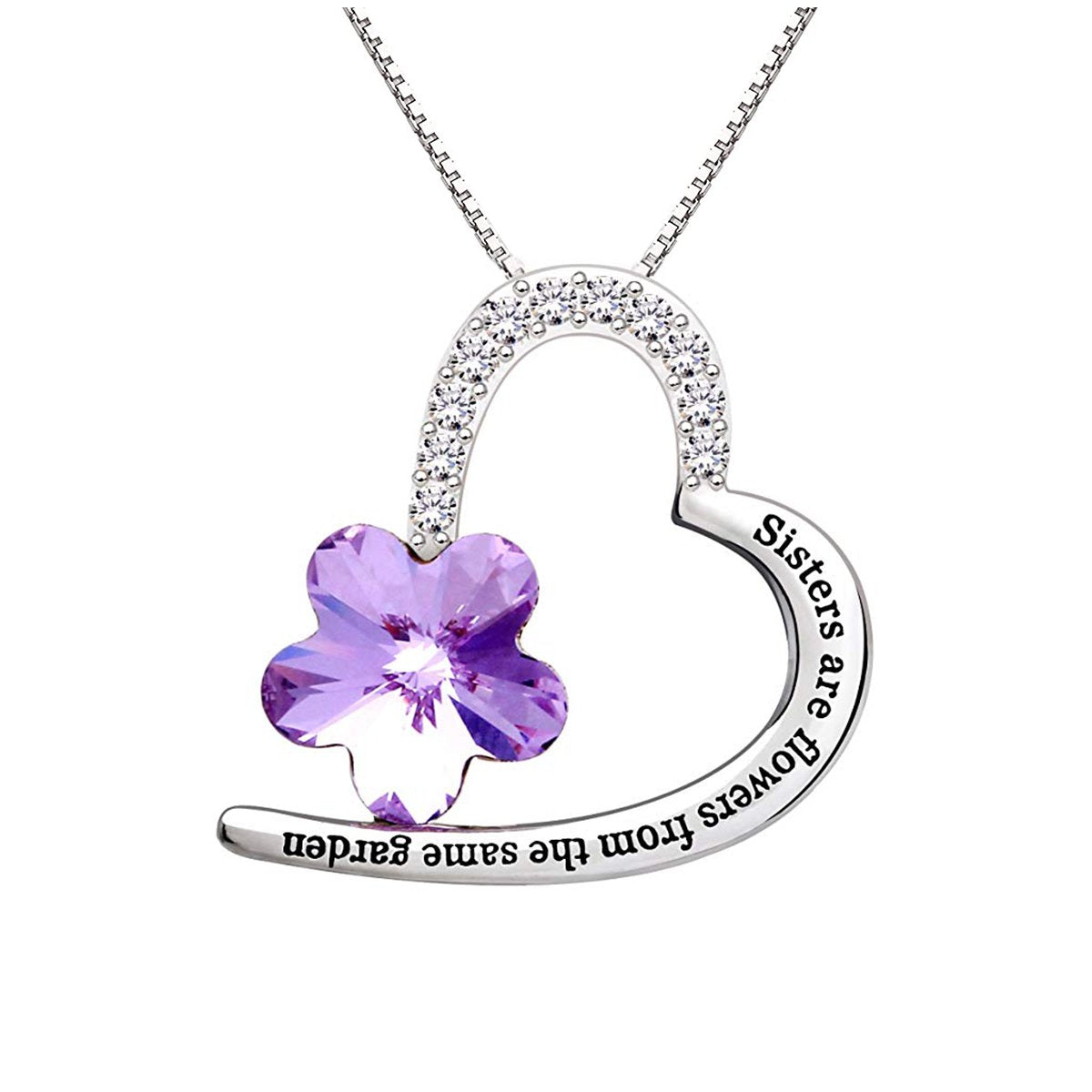 Sisters Amethyst Heart Necklace in 18K white gold, embellished with crystals, showcasing a heart-shaped pendant.