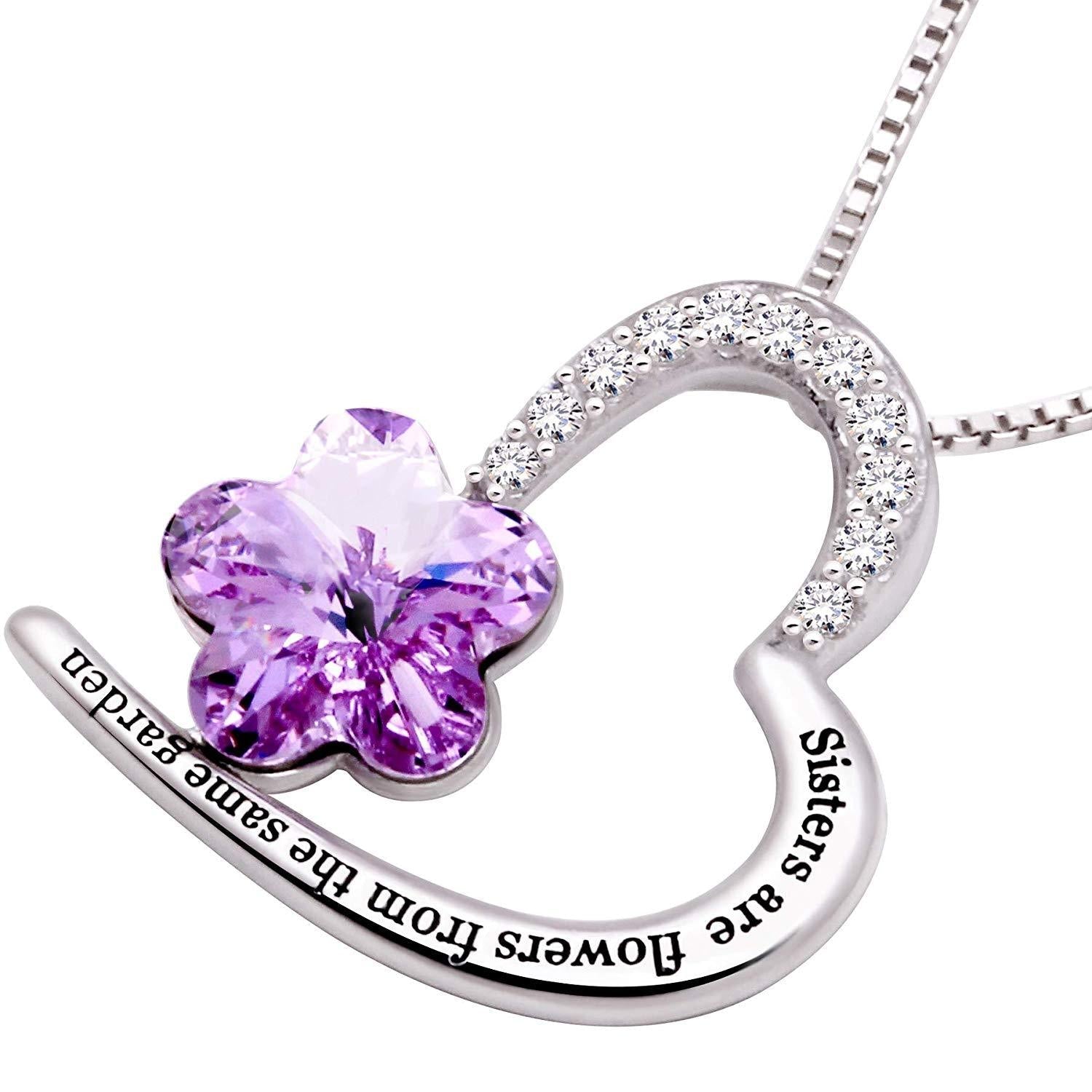 Sisters Amethyst Heart Necklace in 18K white gold, embellished with crystals, showcasing a heart-shaped pendant.