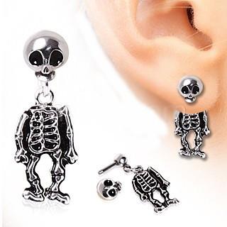 A pair of unique Skeleton Dangle Earrings made from 316L Surgical Steel, featuring a two-part design with a skeleton head and body.