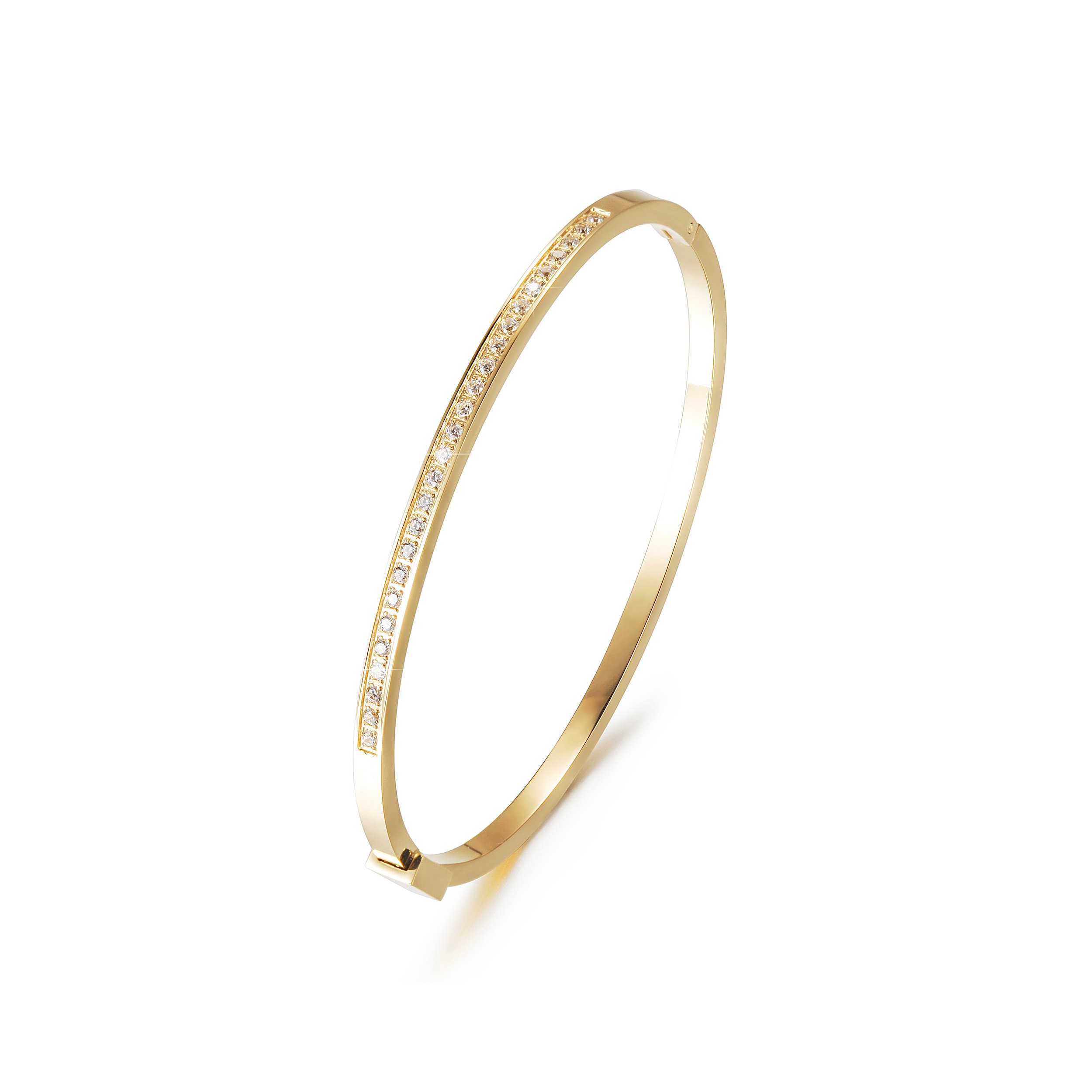 A sleek and elegant skinny stackable bangle made of 316L surgical stainless steel with 14K gold PVD plating.