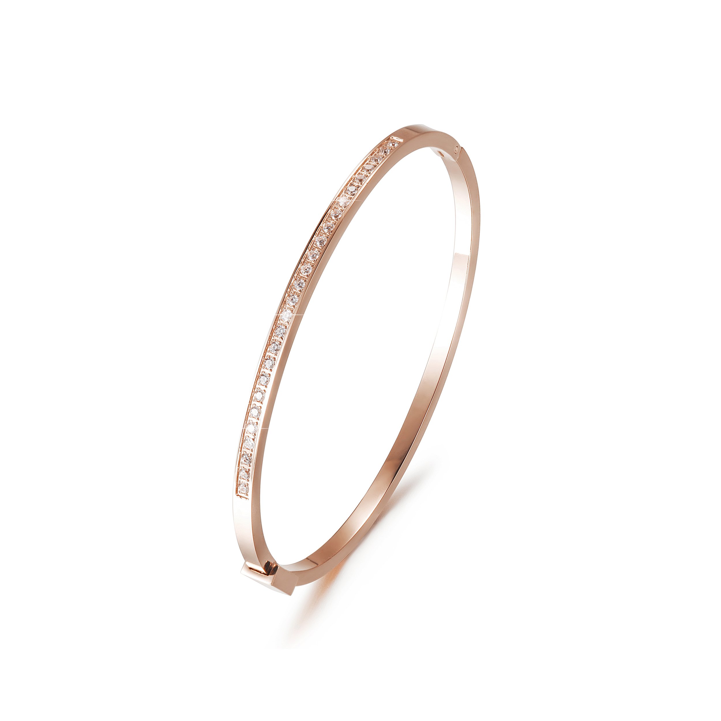 A sleek and elegant skinny stackable bangle made of 316L surgical stainless steel with 14K gold PVD plating.