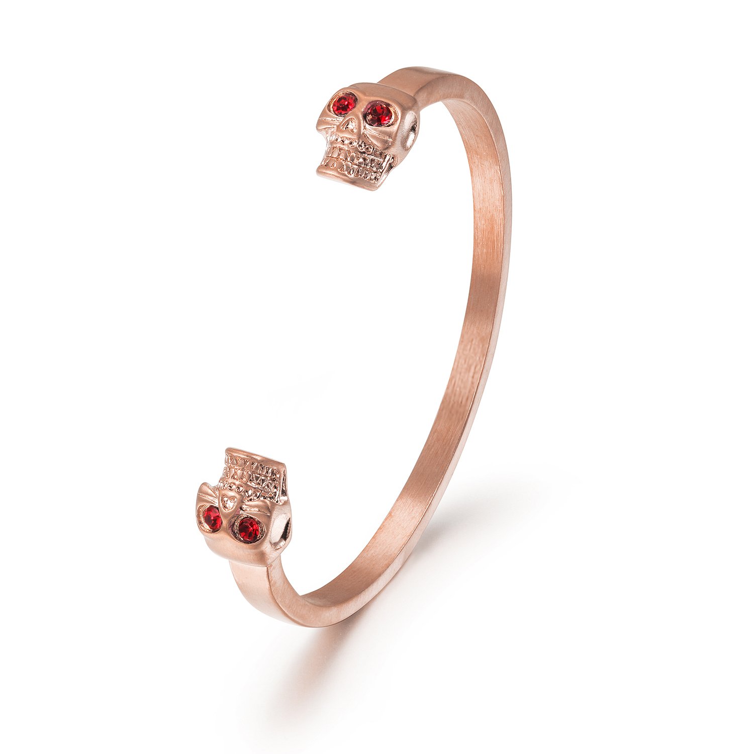 A stylish skull cuff bangle made of 316L surgical stainless steel with a 14K gold PVD plated finish, showcasing a unique skull design.