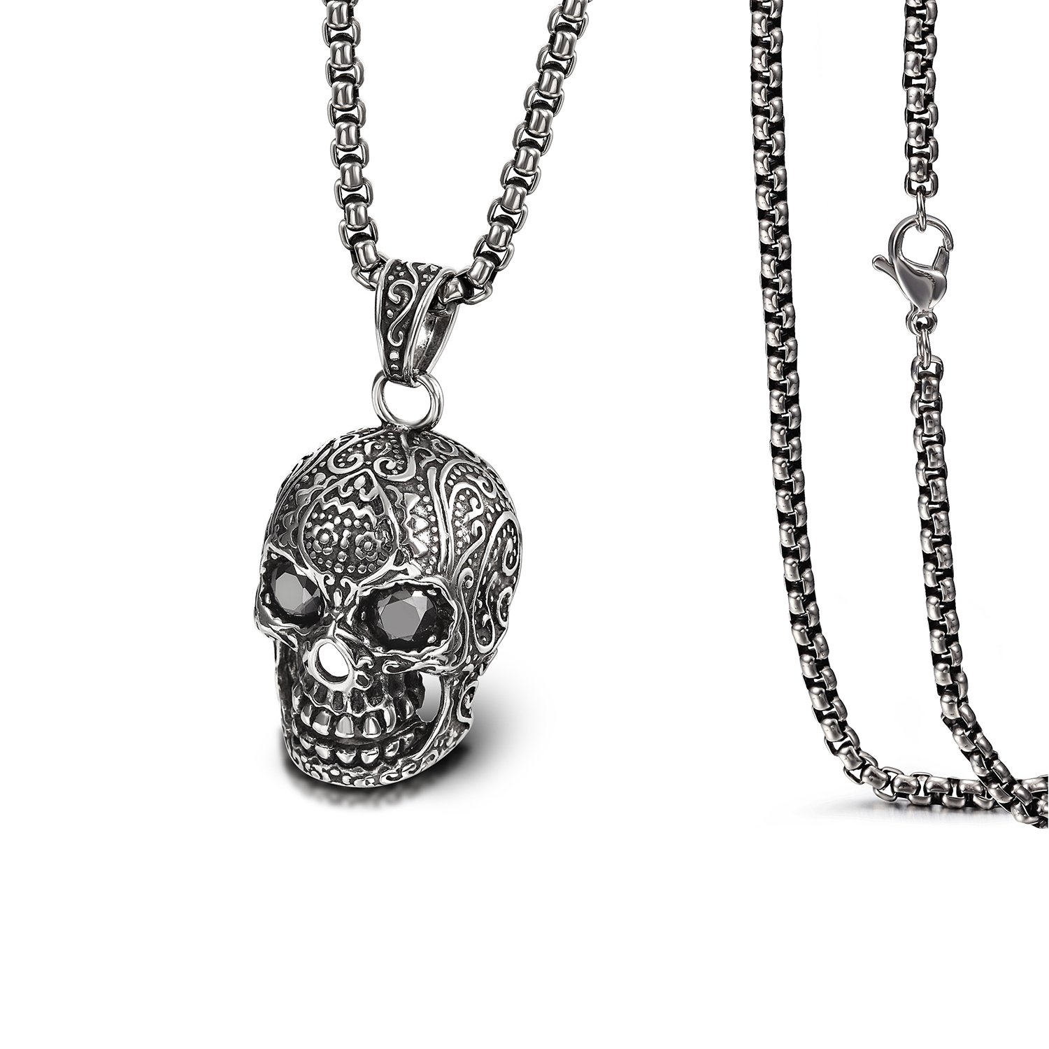 A stylish skull pendant necklace made of 316L surgical stainless steel with a 14K gold PVD plated finish, showcasing intricate details.