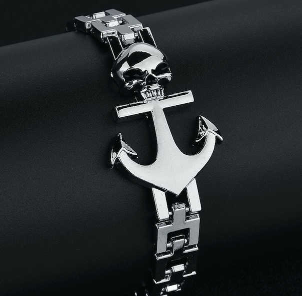 A stylish Skull Ship Anchor Bracelet made of titanium steel, featuring a unique skull and anchor design.