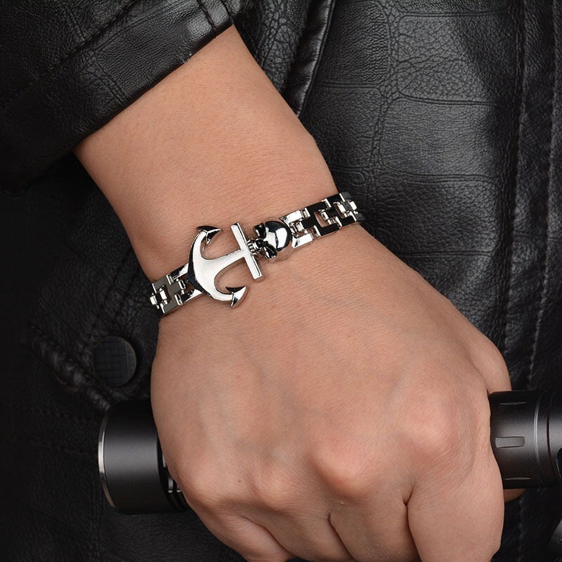 A stylish Skull Ship Anchor Bracelet made of titanium steel, featuring a unique skull and anchor design.