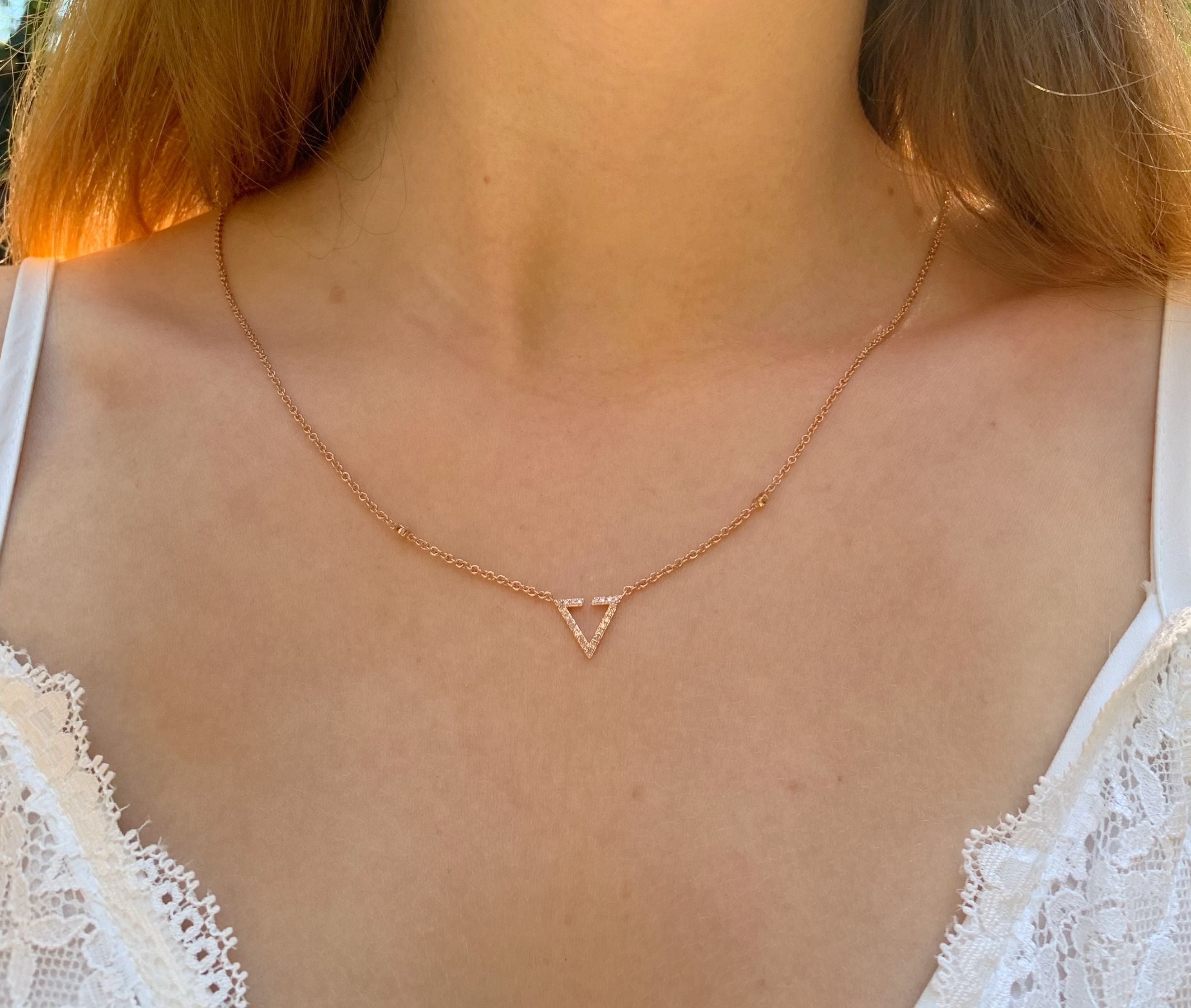 Skyline Triangle Diamond Necklace in 14K Rose Gold Vermeil, featuring genuine diamonds set in a delicate design on a sterling silver chain.