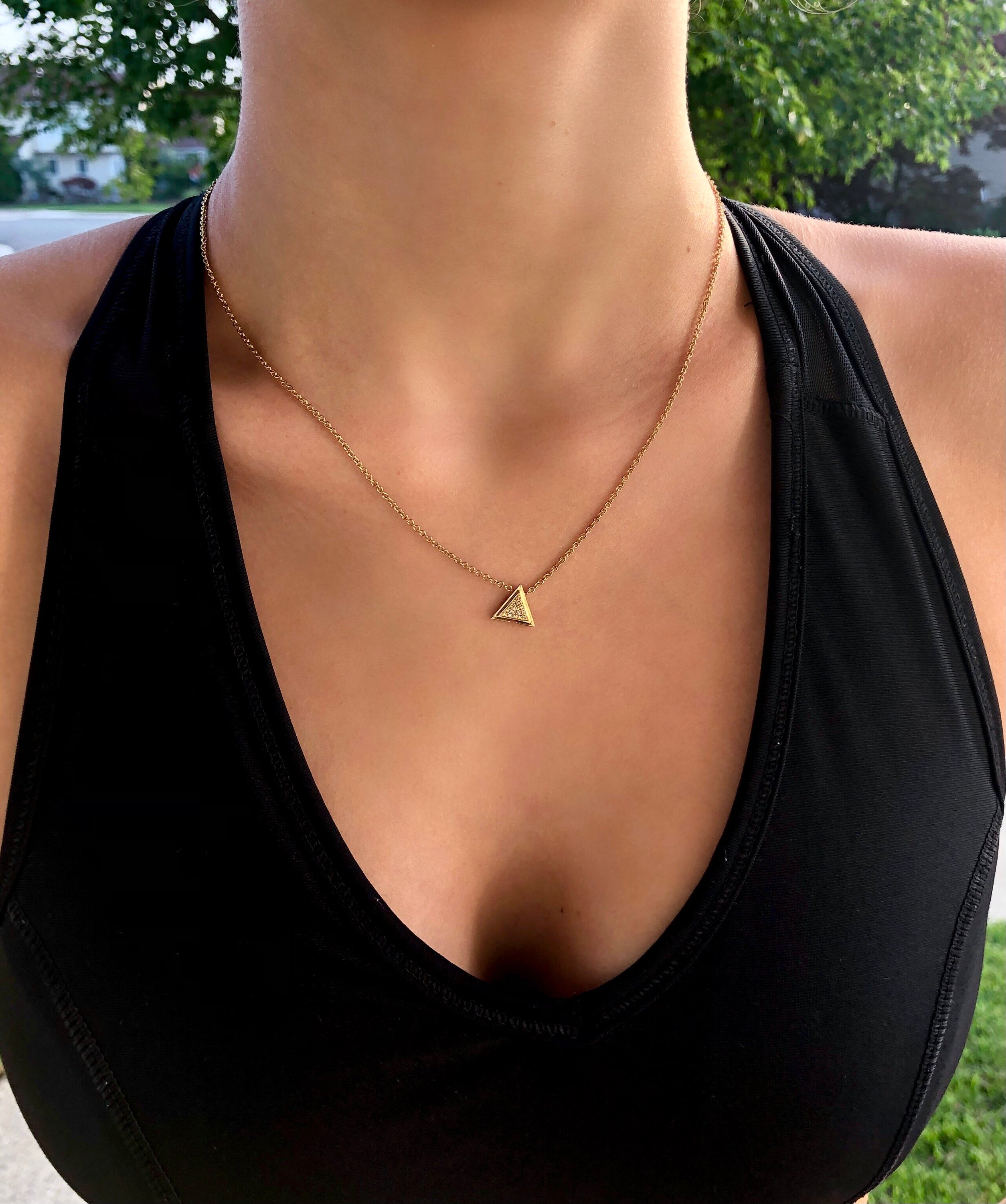 Skyscraper Triangle Diamond Necklace in 14K Yellow Gold Vermeil, featuring a triangle motif with genuine diamonds on a delicate cable chain.