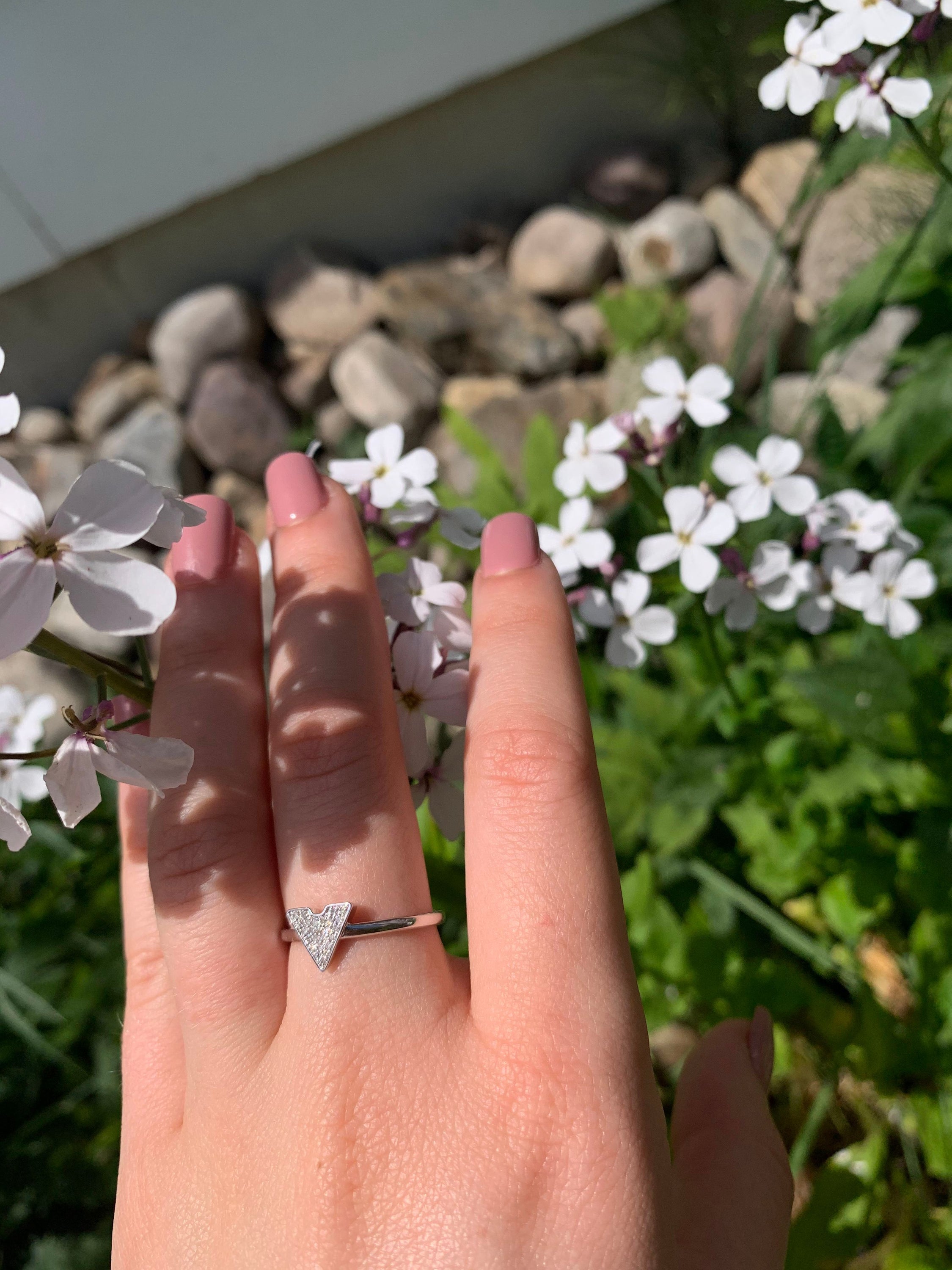 Skyscraper Triangle Diamond Ring in Sterling Silver featuring micro pave setting with genuine diamonds, showcasing modern elegance.