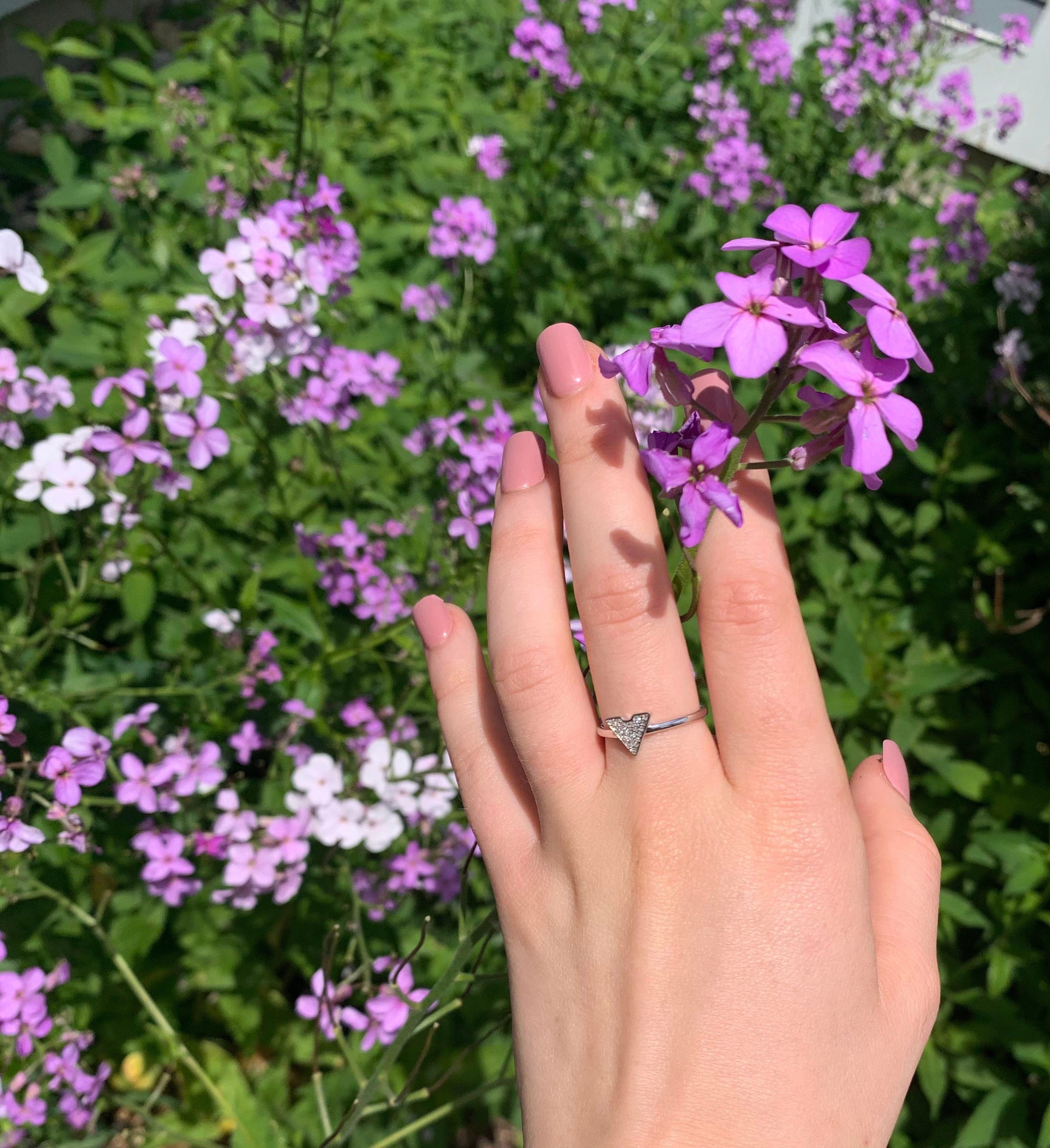 Skyscraper Triangle Diamond Ring in Sterling Silver featuring micro pave setting with genuine diamonds, showcasing modern elegance.