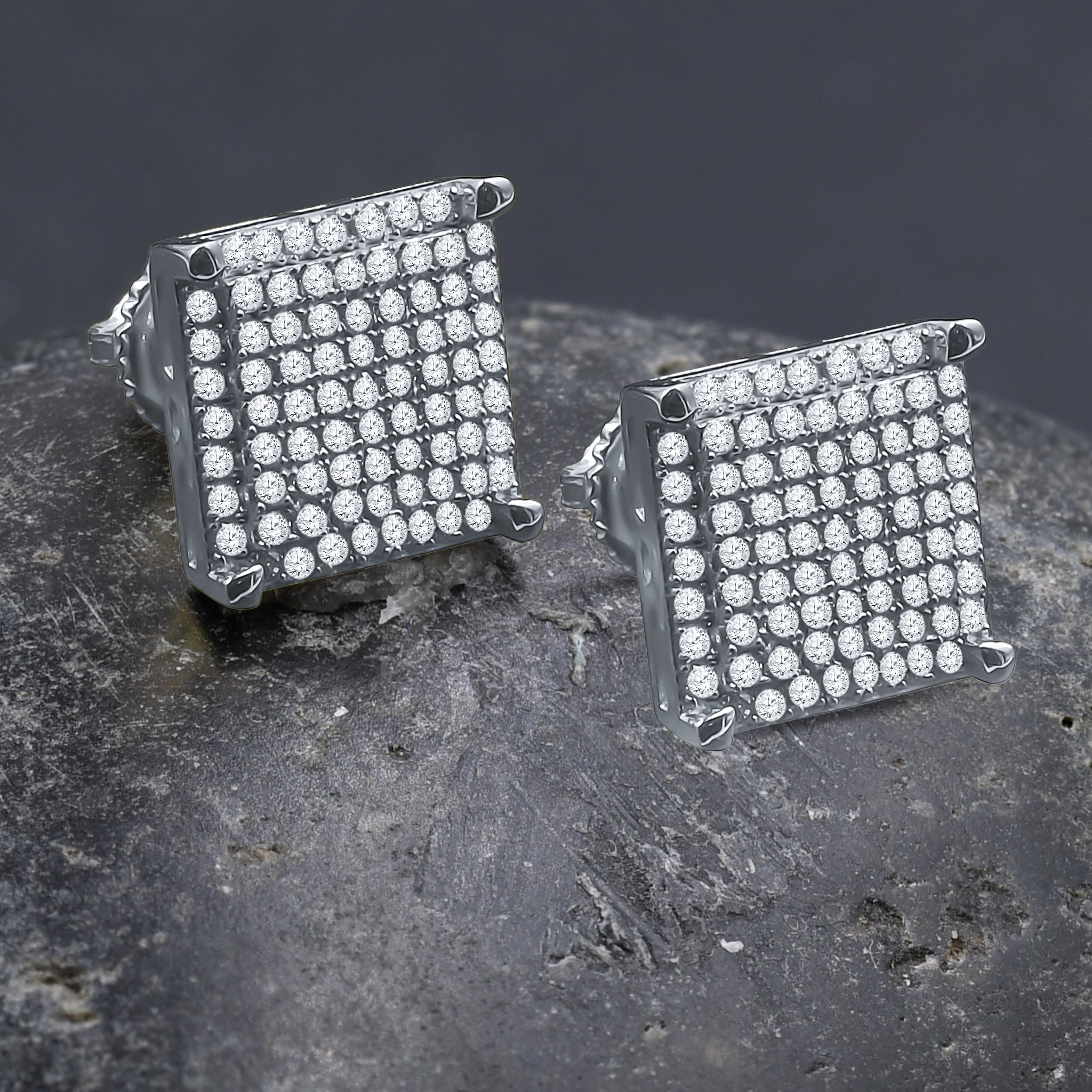 A pair of SLAB Screw Back Earrings featuring sparkling cubic zircon stones set in brass copper metal, showcasing a diamond-shaped design.