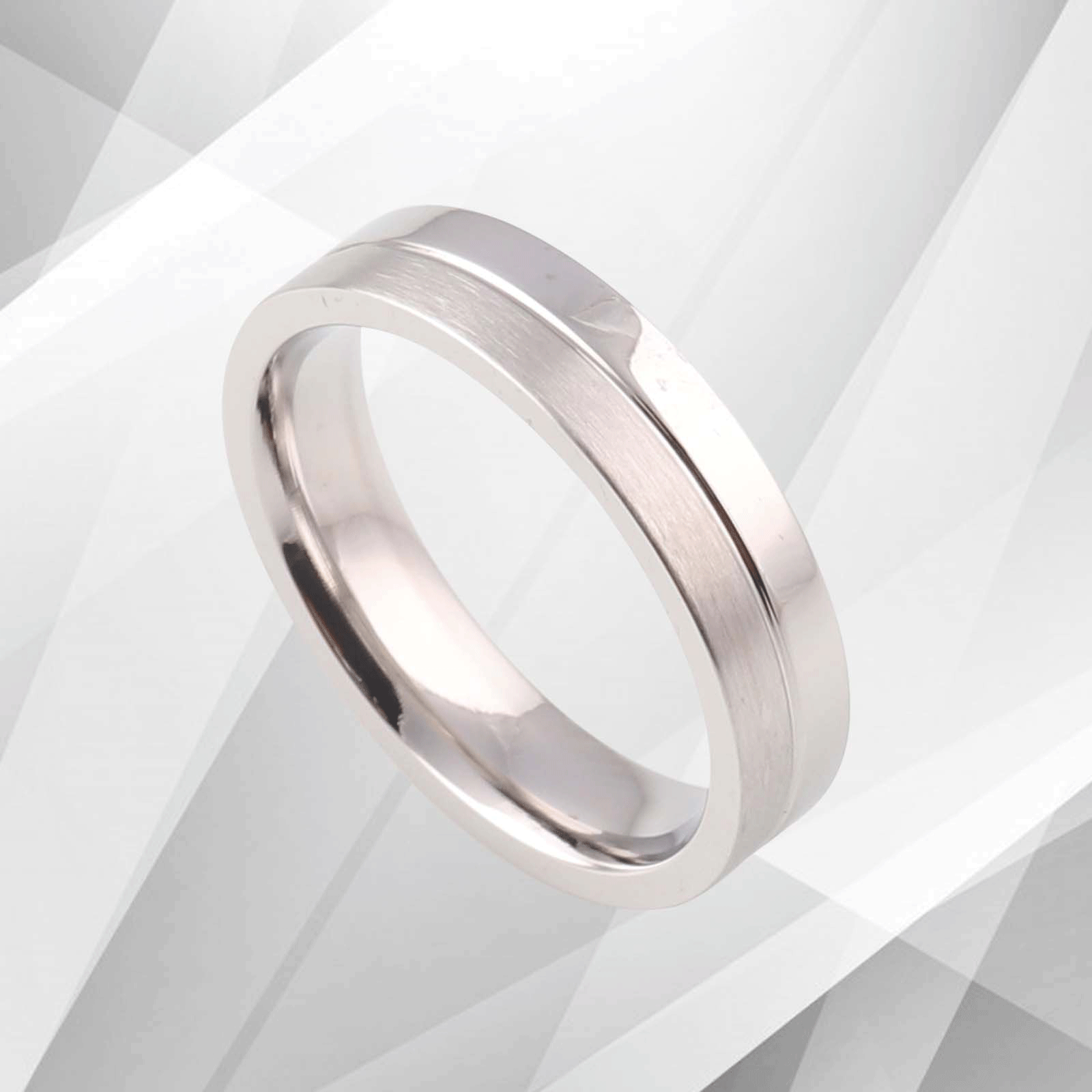 Sleek Men's Flat Shape Tungsten Wedding Engagement Band Ring with 18Ct White Gold finish, showcasing a brushed exterior and sparkling interior.