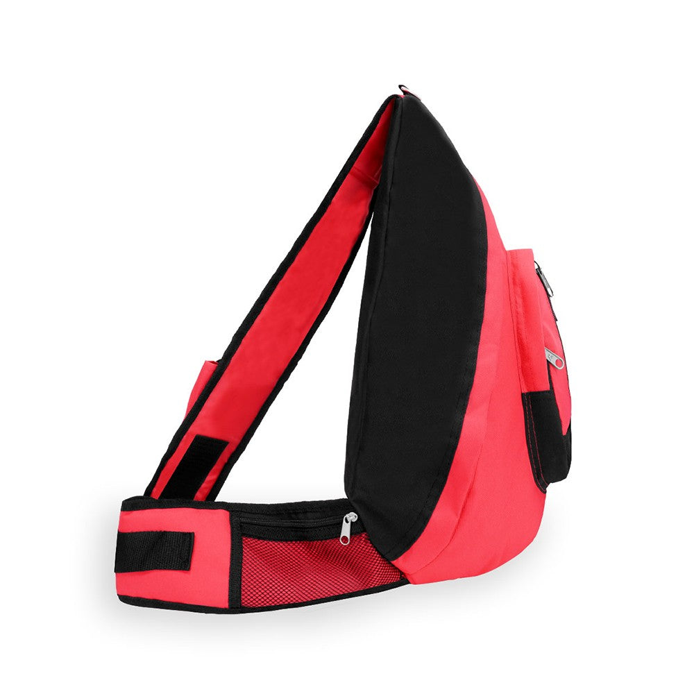 A large SLING BAG made of durable 600D polyester, featuring a spacious main compartment, multiple zippered pockets, and a comfortable padded strap.