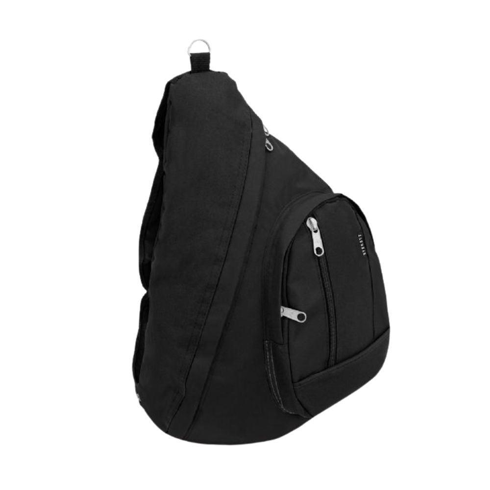 A large SLING BAG made of durable 600D polyester, featuring a spacious main compartment, multiple zippered pockets, and a comfortable padded strap.